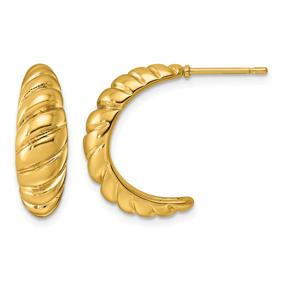 Pair of gold twisted hoop earrings with textured surface detail and post backs, shown from front and angled views.