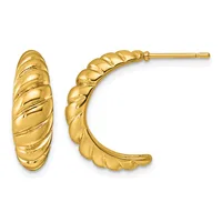 Pair of gold twisted hoop earrings with textured surface detail and post backs, shown from front and angled views.