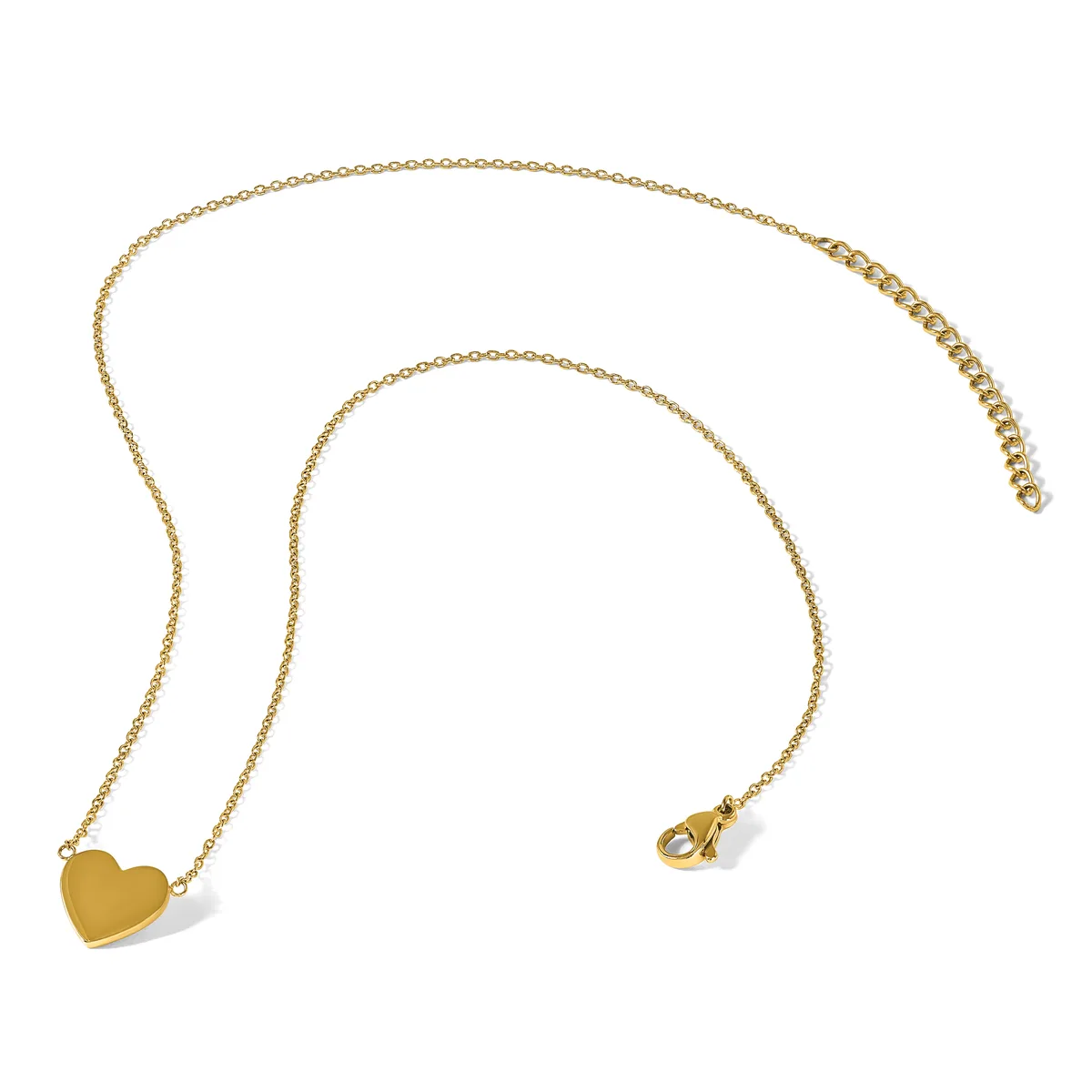 Gold-toned chain necklace with a small polished heart pendant displayed on a white background.