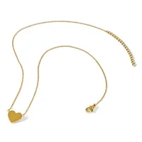 Gold-toned chain necklace with a small polished heart pendant displayed on a white background.
