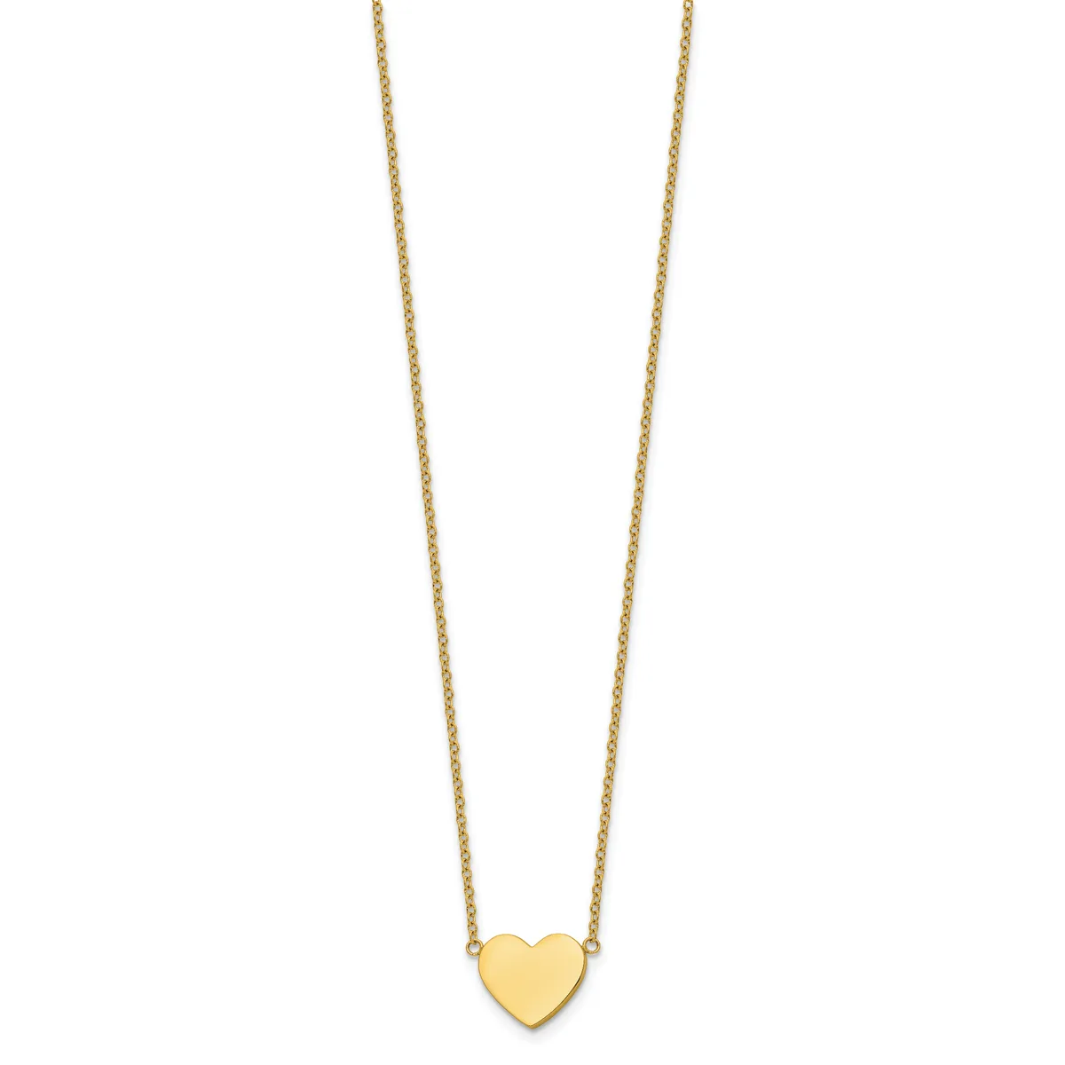 A gold heart pendant hangs from a delicate gold chain against a white background.