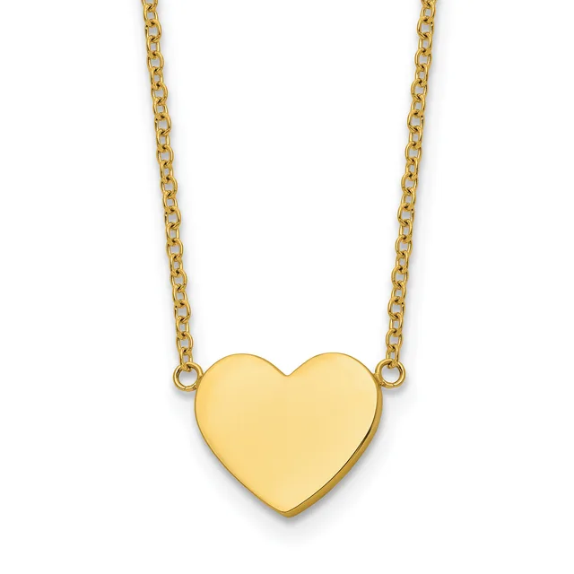 Gold heart pendant hanging from a delicate chain necklace against a white background.