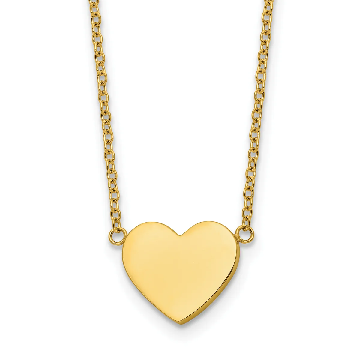 Gold heart pendant hanging from a delicate chain necklace against a white background.