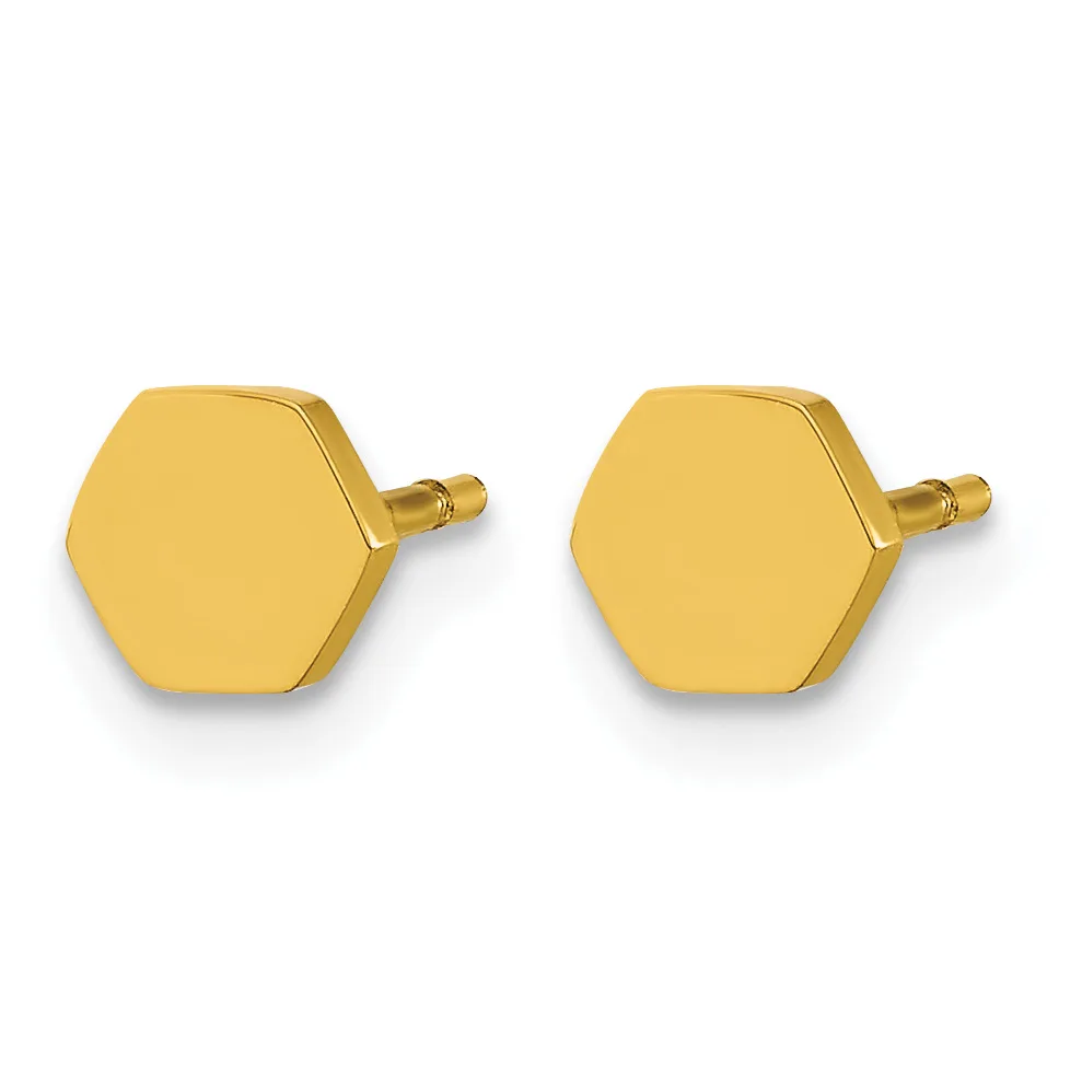 A pair of gold hexagon-shaped cufflinks with small cylindrical posts on the back, shown from the front on a white background.