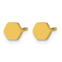 A pair of gold hexagon-shaped cufflinks with small cylindrical posts on the back, shown from the front on a white background.
