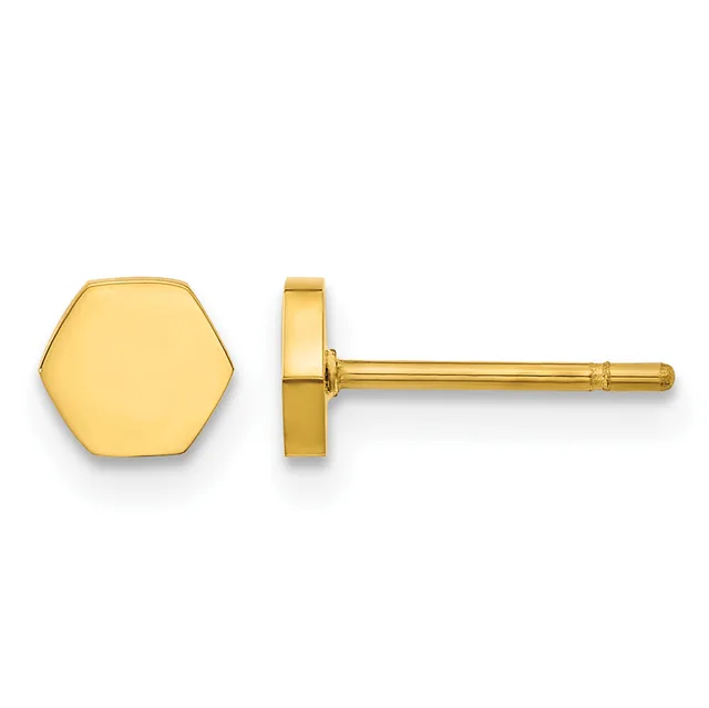Pair of gold hexagon stud earrings shown from front and side view, displaying the polished flat face and post back.