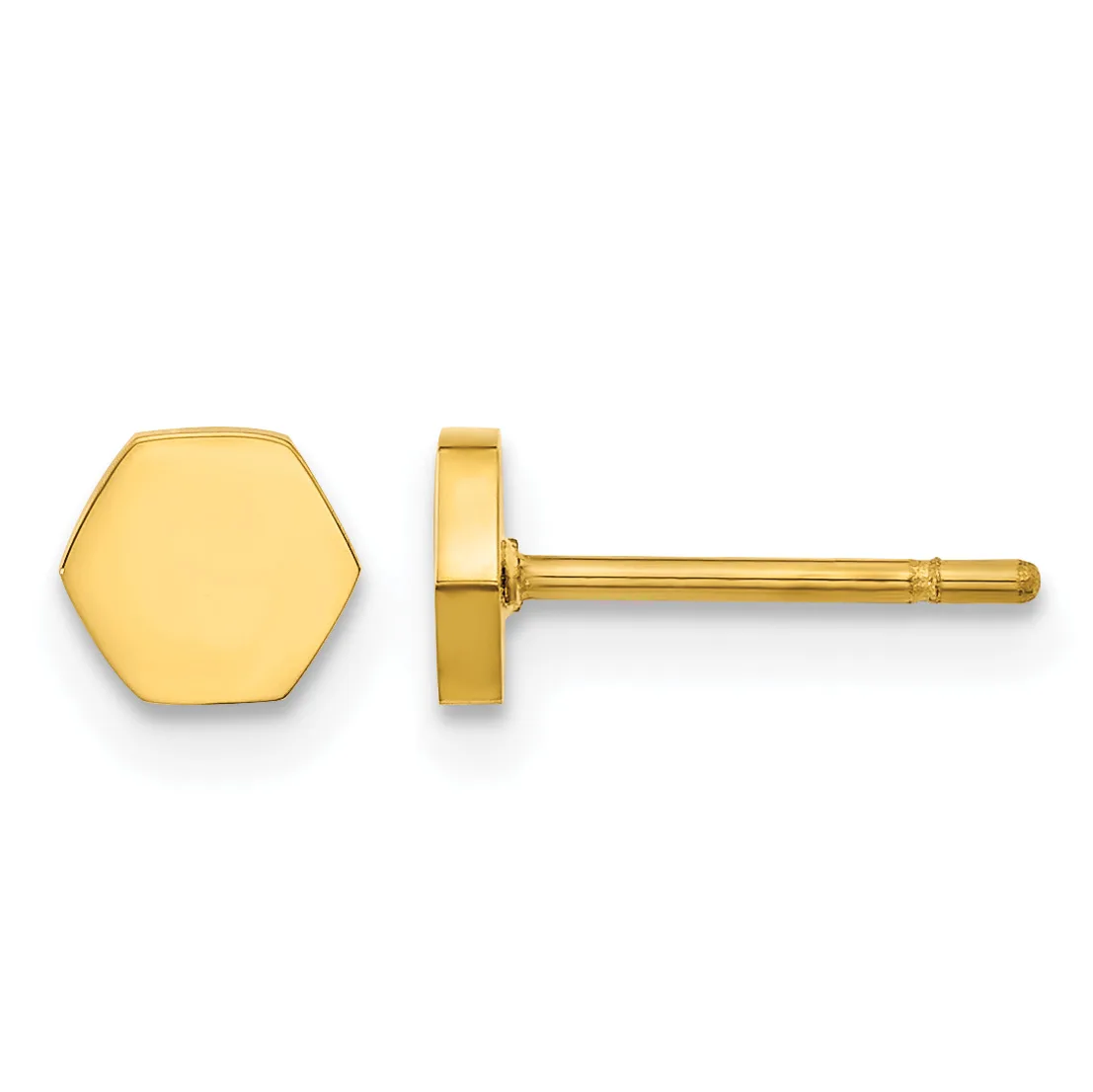 Pair of gold hexagon stud earrings shown from front and side view, displaying the polished flat face and post back.