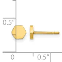 Gold hexagonal stud earrings shown from front and side view with measurement scale indicating approximately 0.5 inches width.