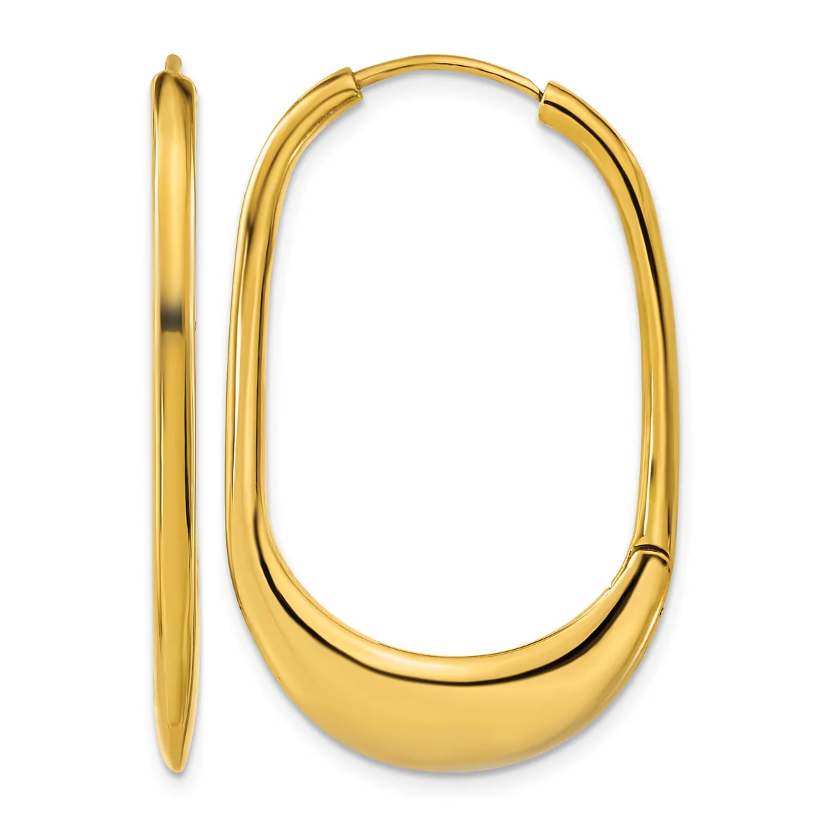 A pair of polished gold oval hoop earrings shown from the front and side views.