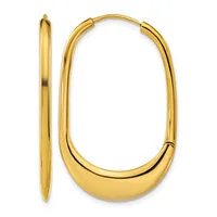 A pair of polished gold oval hoop earrings shown from the front and side views.