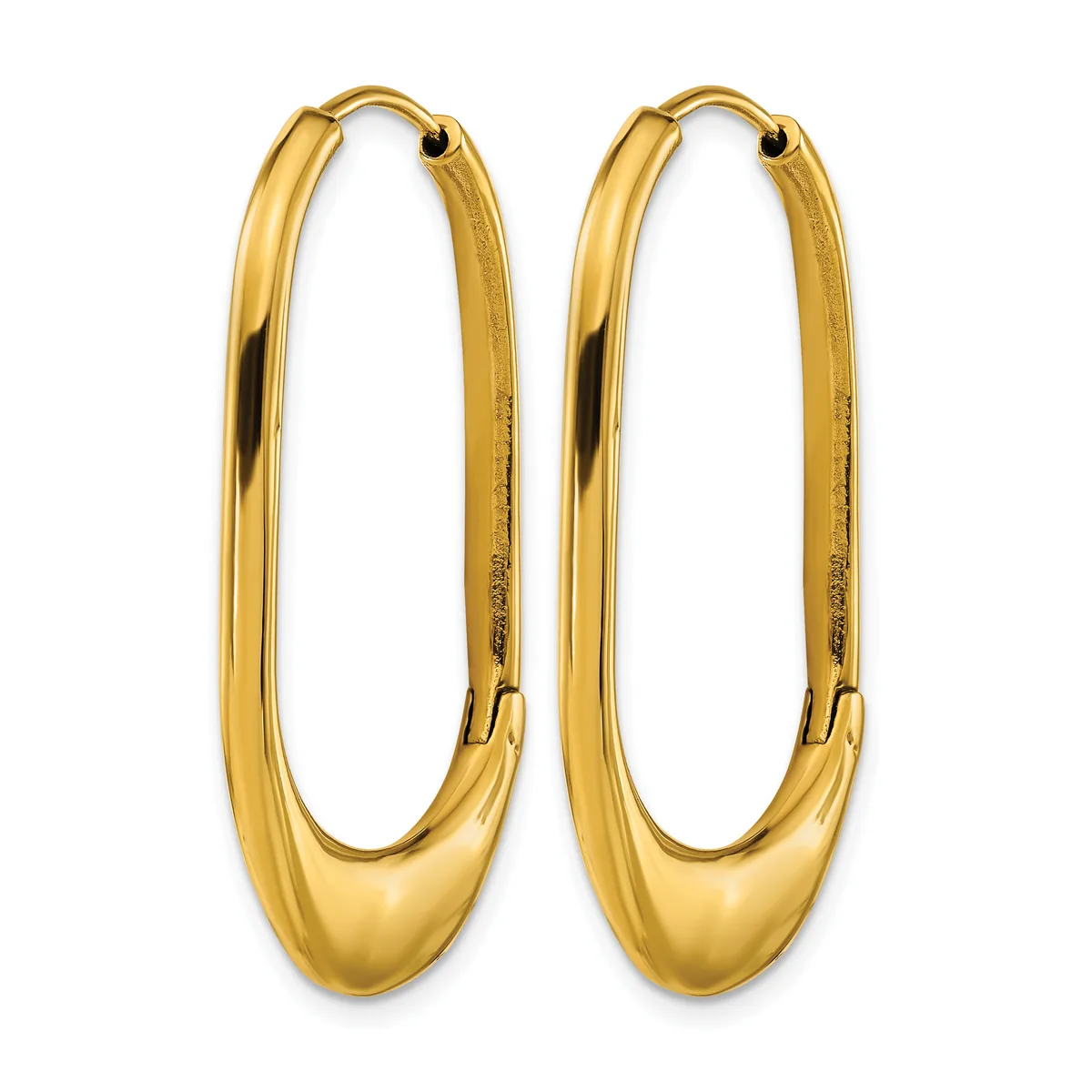 A pair of polished gold oval hoop earrings with rounded bottoms and a small hallmark on the inner surface.