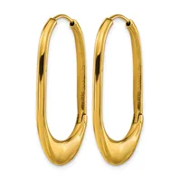 A pair of polished gold oval hoop earrings with rounded bottoms and a small hallmark on the inner surface.