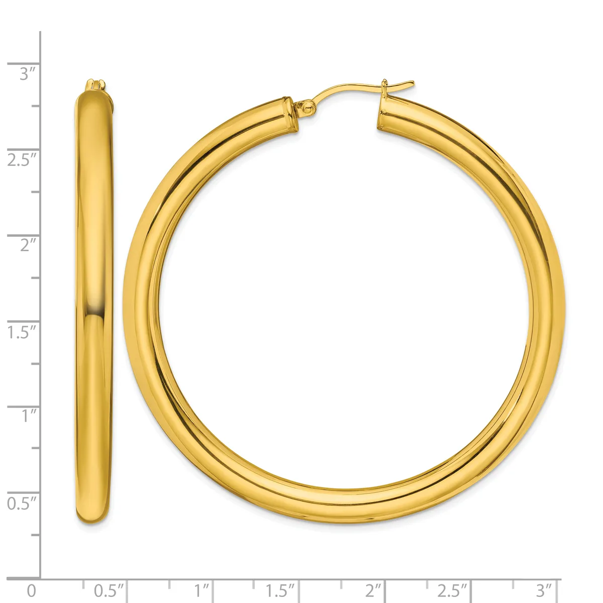Pair of polished gold-tone hoop earrings with a chunky tubular design, shown against a measurement scale indicating approximately three inches in length.