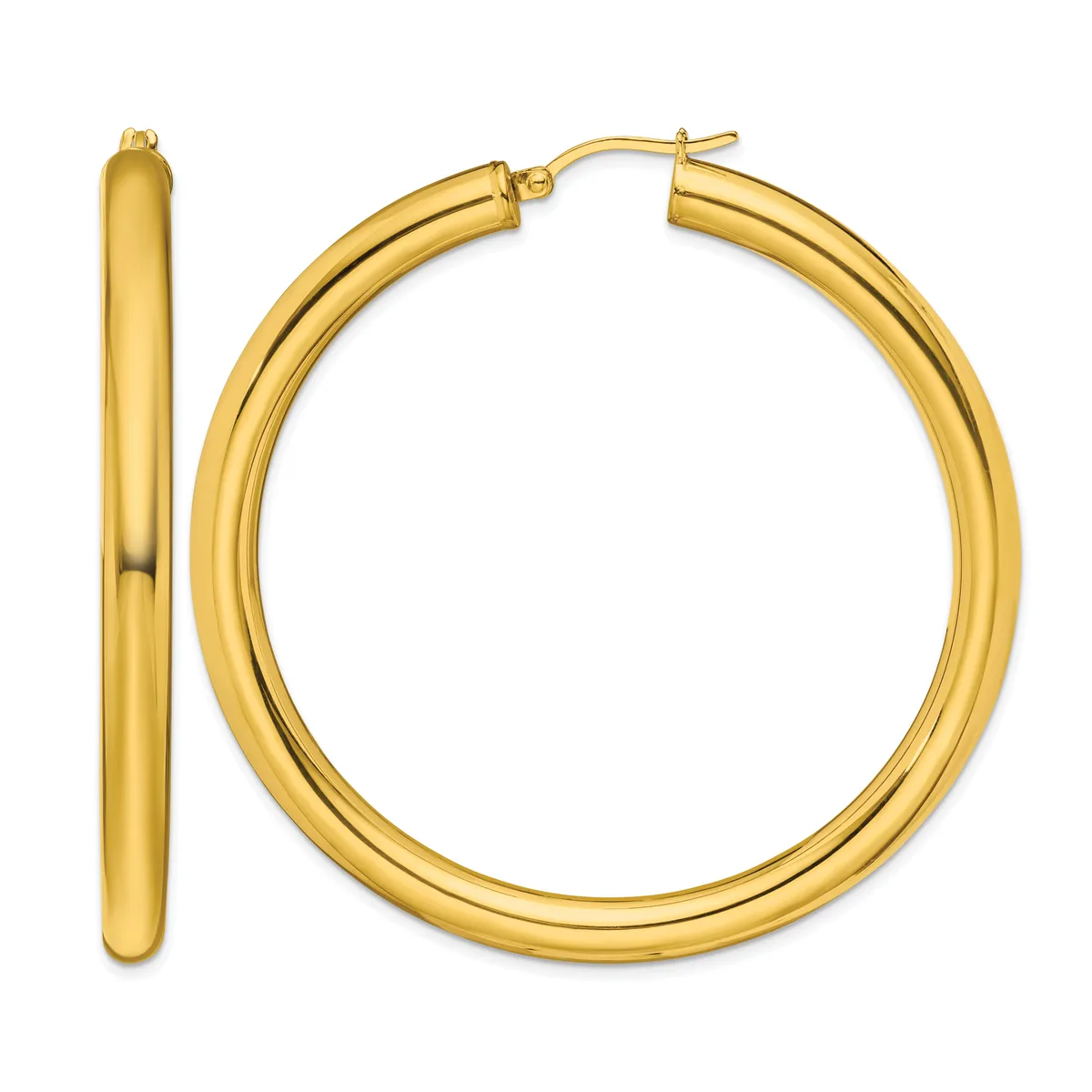 A pair of polished gold hoop earrings displayed against a white background, shown from the front and side view.