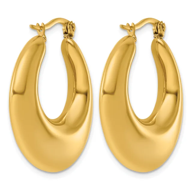 A pair of polished gold hoop earrings with a curved, chunky oval shape and a small hallmark, shown from the front against a white background.