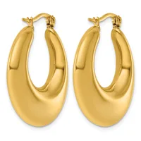 A pair of polished gold hoop earrings with a curved, chunky oval shape and a small hallmark, shown from the front against a white background.