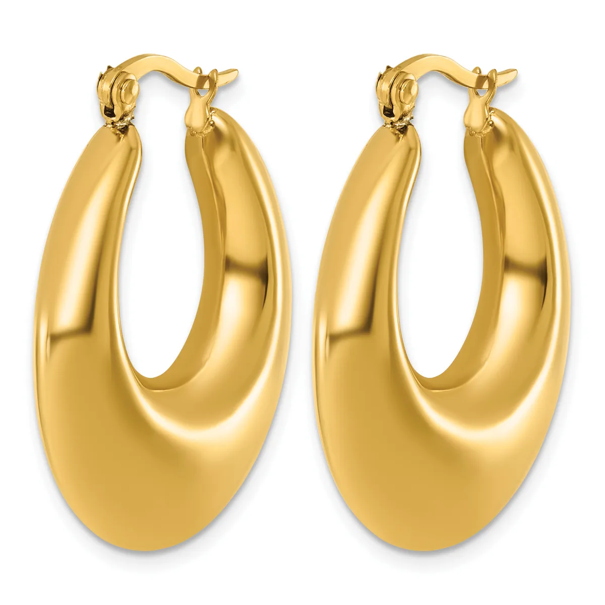 A pair of polished gold hoop earrings with a chunky, curved oval shape and post backs, shown from the front.