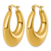 A pair of polished gold hoop earrings with a chunky, curved oval shape and post backs, shown from the front.