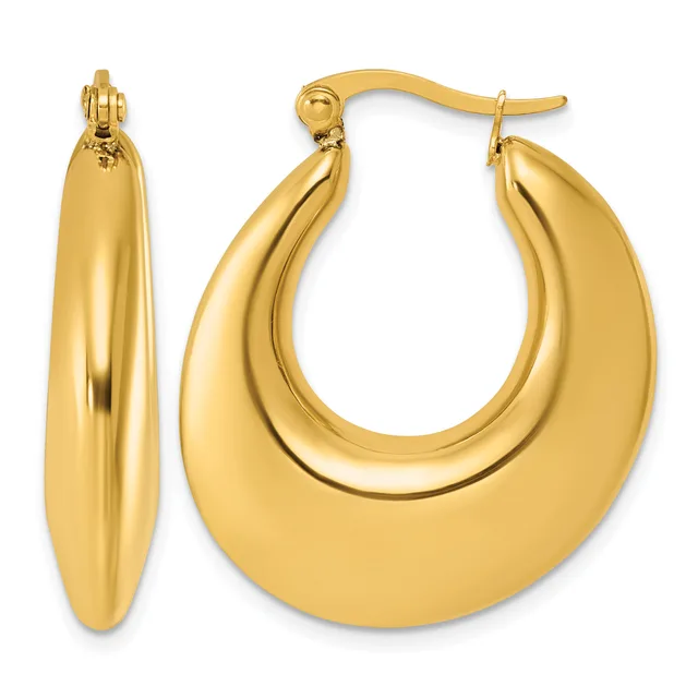 Two gold hoop earrings shown front and side view, featuring a polished curved design with a chunky, tapered teardrop shape and a post-and-clutch closure.