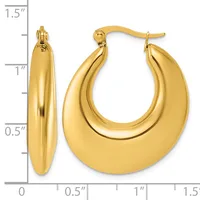 A pair of polished gold hoop earrings with a curved, chunky design, shown from front and side views with a measurement scale indicating approximately 1.25 inches in length.