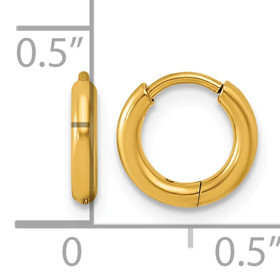 A pair of polished gold hoop earrings with a half-inch diameter, displayed with a measurement scale showing their size.