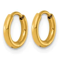 A pair of polished gold-colored chunky hoop earrings with a smooth, rounded tubular design and hinged closures.
