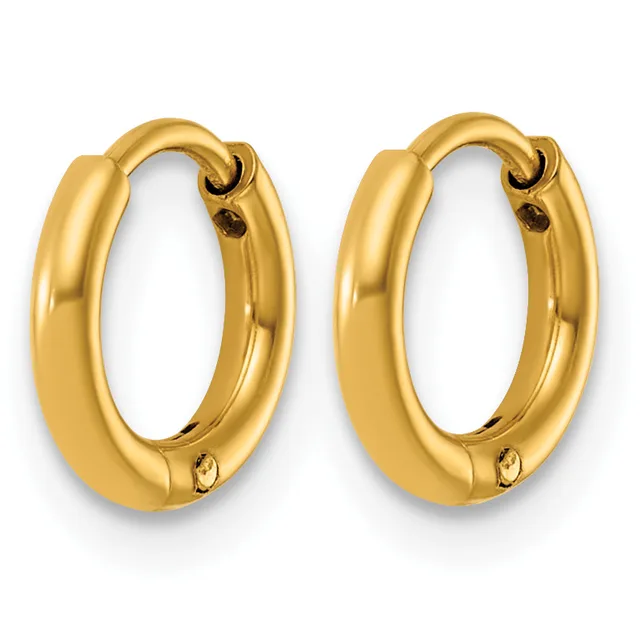 A pair of polished gold-toned chunky oval hoop earrings with hinged closures, shown against a white background.