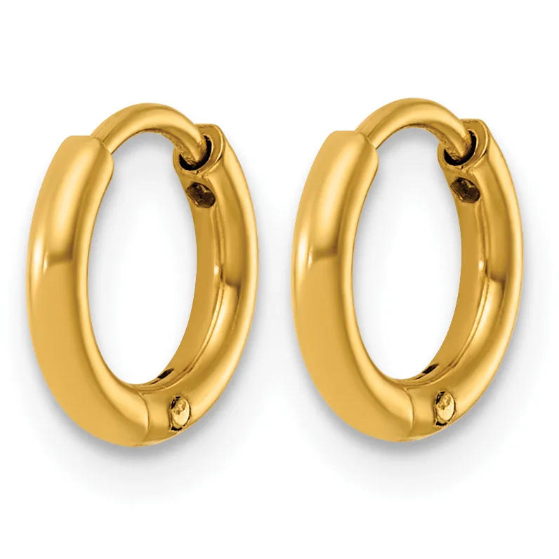 A pair of polished gold-toned chunky oval hoop earrings with hinged closures, shown against a white background.