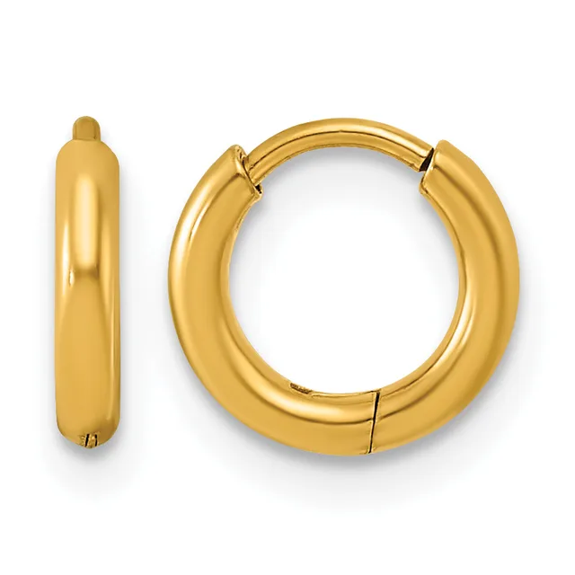 A pair of polished yellow gold hoop earrings shown from the front and side views, featuring a chunky rounded profile with hinged closures.