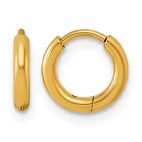 A pair of polished yellow gold hoop earrings shown from the front and side views, featuring a chunky rounded profile with hinged closures.