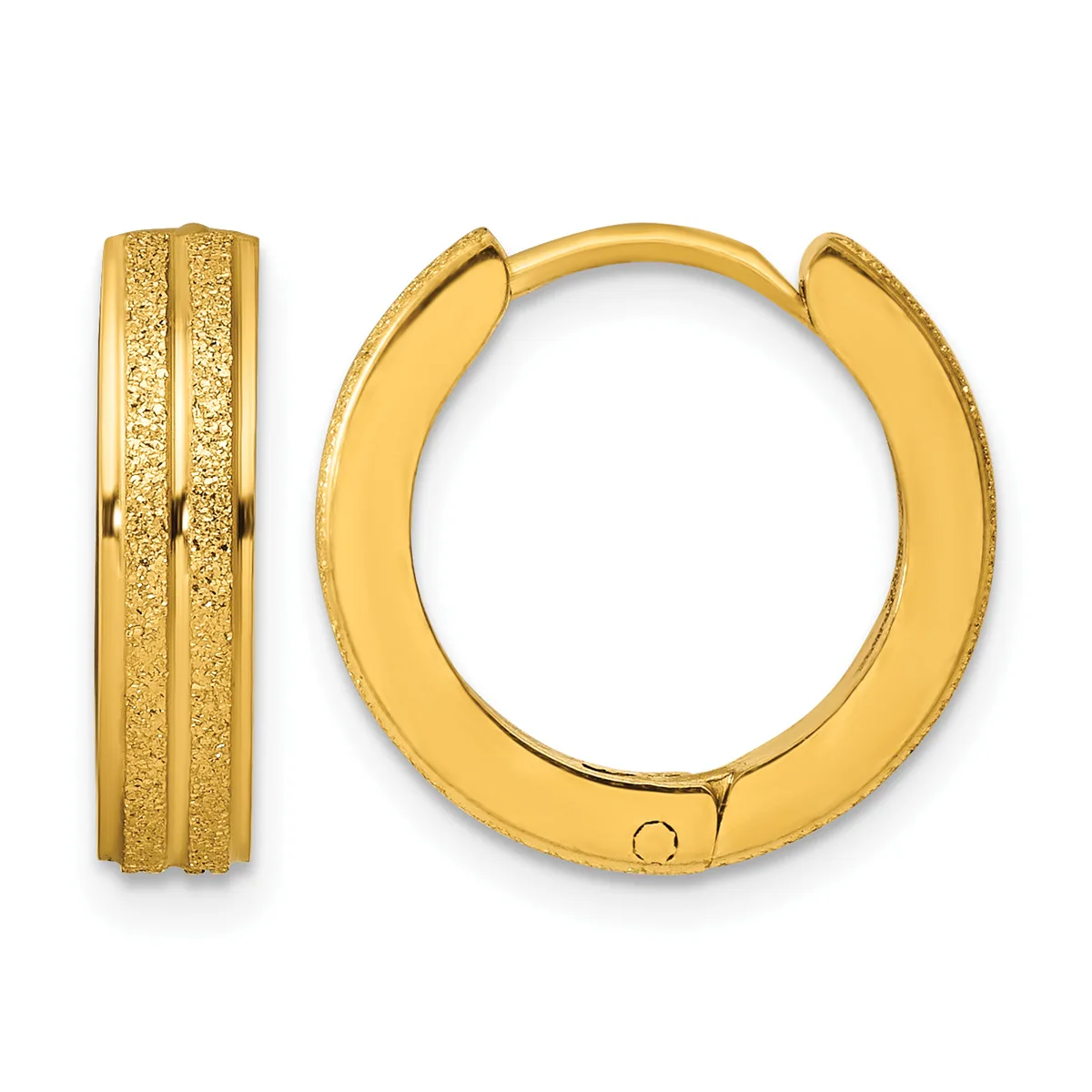 Pair of gold-colored huggie hoop earrings with textured finish and small hinged closures, shown from front and side angles.