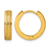 Pair of gold-colored huggie hoop earrings with textured finish and small hinged closures, shown from front and side angles.