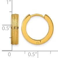 A pair of gold-colored hoop earrings with textured surfaces, shown front and side view with measurement scale indicating approximately one inch in height and half inch in width.