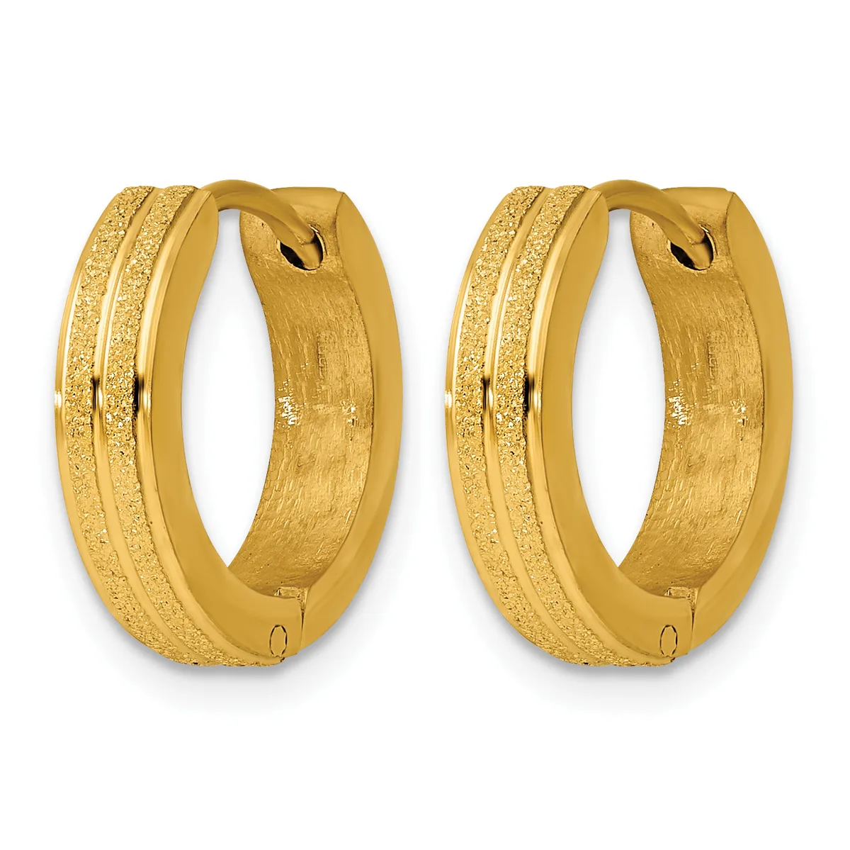 A pair of gold textured hoop earrings with polished center bands and brushed outer surfaces, shown from the front against a white background.