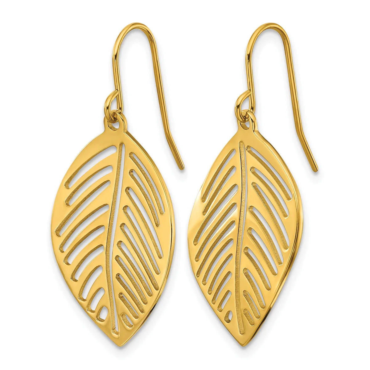 Pair of gold leaf-shaped dangle earrings with cutout vein details, suspended from thin curved ear wires.