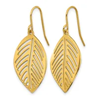 Pair of gold leaf-shaped dangle earrings with cutout vein details, suspended from thin curved ear wires.