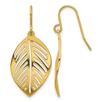 Gold leaf-shaped dangle earrings with cutout vein details, shown from front and side views with French wire hooks.