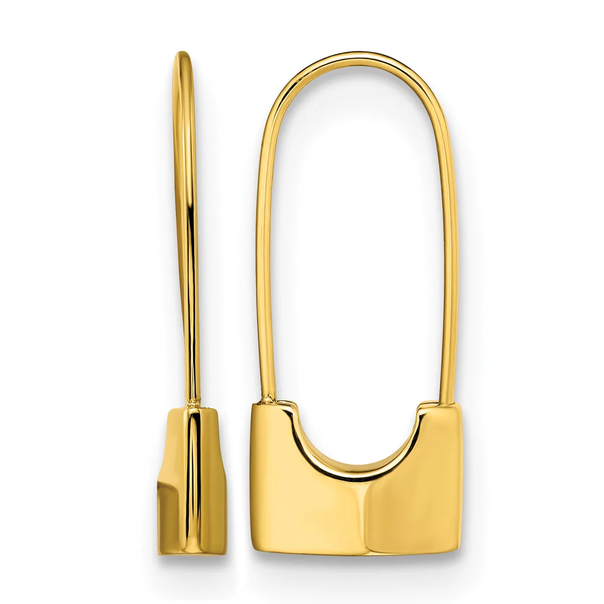Two gold hoop earrings shown from front and side views, featuring polished curved rectangular findings with rounded edges and thin wire posts.