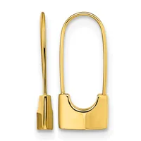 Two gold hoop earrings shown from front and side views, featuring polished curved rectangular findings with rounded edges and thin wire posts.