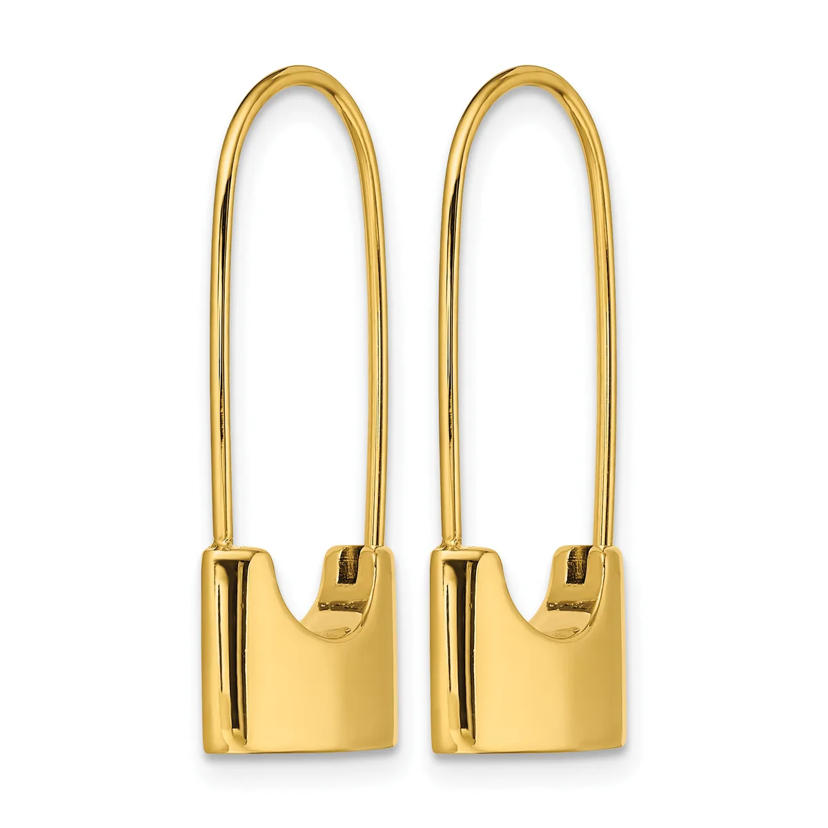 Pair of gold-toned rectangular hoop earrings with long curved posts and small rectangular bases, displayed against a white background.