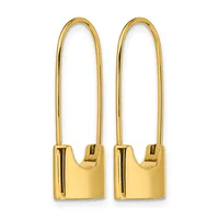 Pair of gold-toned rectangular hoop earrings with long curved posts and small rectangular bases, displayed against a white background.
