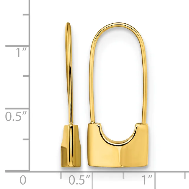 A pair of gold-toned rectangular hoop earrings with rounded corners displayed next to a measurement scale showing approximately one inch in height.