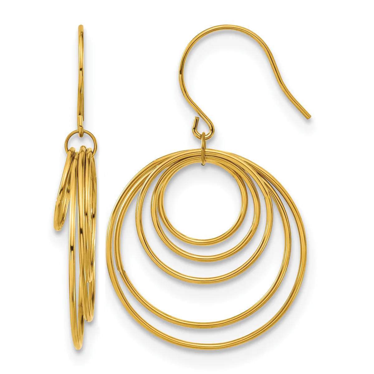 Gold-toned concentric circular drop earrings with matching linear tassel earrings, displayed against a white background.