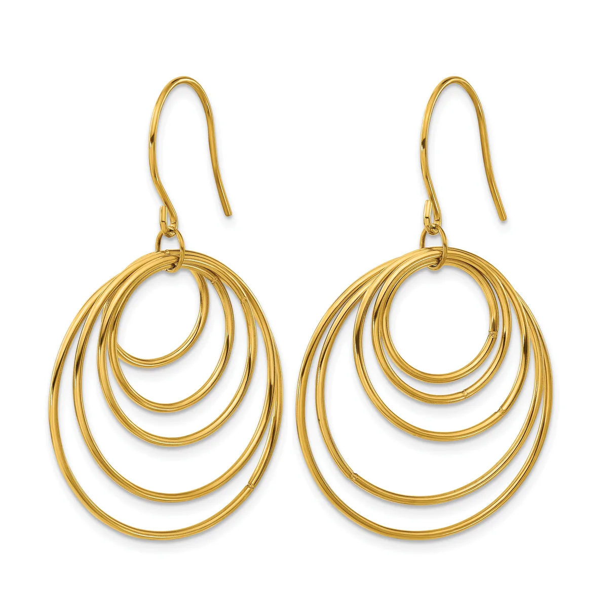 A pair of gold-colored nested oval hoop earrings with matching wire hooks, displayed against a white background.