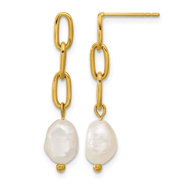 Pair of gold-tone chain link drop earrings with baroque pearl pendants and small gold beads, shown from the front.