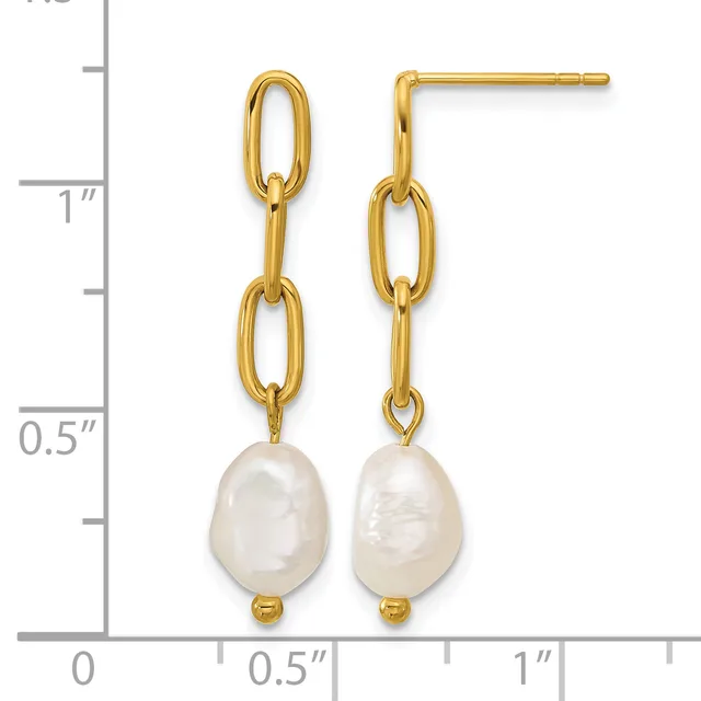 Pair of gold-toned drop earrings with oval link chains and white baroque pearl pendants, shown next to a measurement scale.