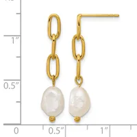Pair of gold-toned drop earrings with oval link chains and white baroque pearl pendants, shown next to a measurement scale.