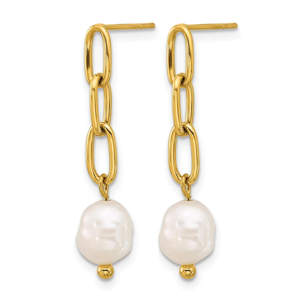 Pair of gold chain link drop earrings with white baroque pearl pendants and small gold bead accents, shown against a white background.