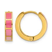 Pair of gold-plated hoop earrings with pink enamel squares arranged vertically on the front surface, shown from front and side views.