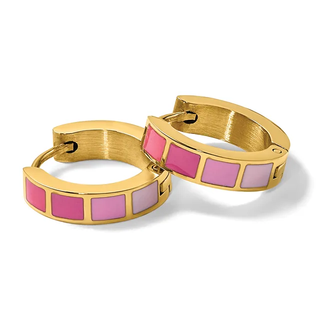 A pair of gold-toned hinge-back hoop earrings with pink and lavender rectangular enamel inlays arranged in alternating pattern around the band.